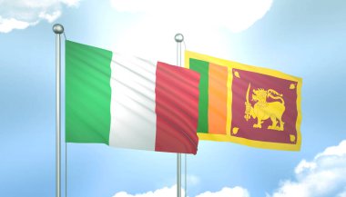 İtalya 'nın 3D Bayrağı ve Sri Lanka Mavi Gökyüzünde Güneş Işığıyla