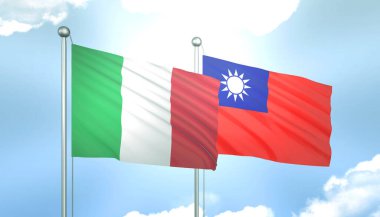 İtalya ve Tayvan 'ın 3D Bayrağı Mavi Gökyüzünde Güneş Işığıyla