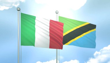 İtalya ve Tanzanya 'nın 3D Bayrağı Mavi Gökyüzünde Güneş Işığıyla