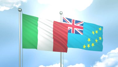 3D İtalya Bayrağı ve Tuvalu Mavi Gökyüzünde Güneş Işığıyla