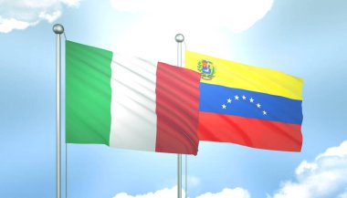 İtalya ve Venezuela 'nın 3D Bayrağı Mavi Gökyüzünde Güneş Işığıyla