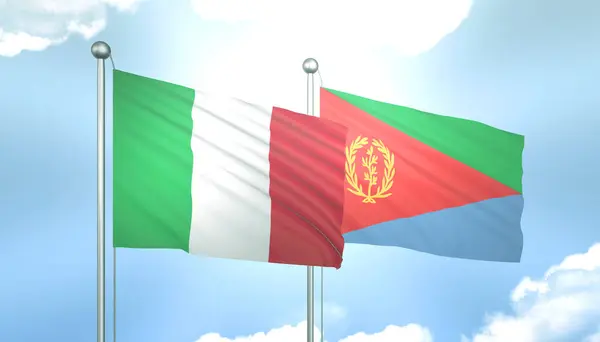 3D Flag of Italy and Eritrea on Blue Sky with Sun Shine