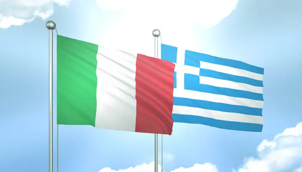 3D Flag of Italy and Greece on Blue Sky with Sun Shine