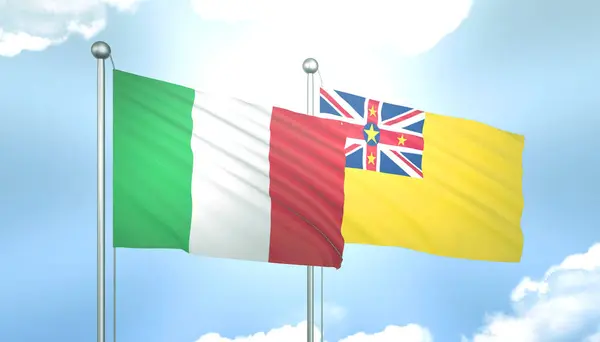 3D Flag of Italy and Niue on Blue Sky with Sun Shine