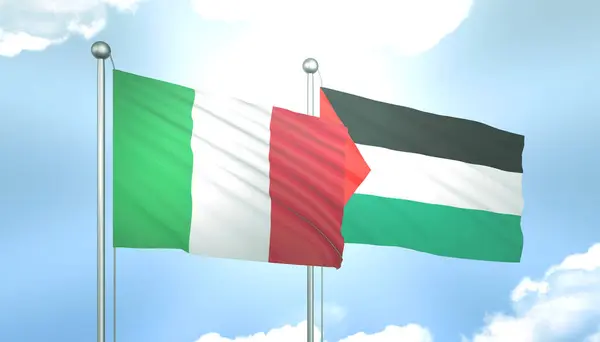 3D Flag of Italy and Palestine on Blue Sky with Sun Shine