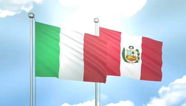3D Flag of Italy and Peru on Blue Sky with Sun Shine