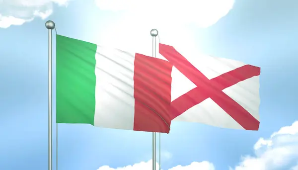3D Flag of Italy and Saint Patrick on Blue Sky with Sun Shine