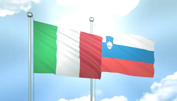3D Flag of Italy and Slovenia on Blue Sky with Sun Shine