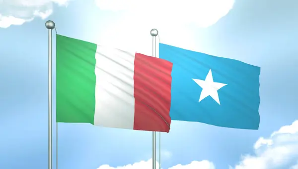 3D Flag of Italy and Somalia on Blue Sky with Sun Shine
