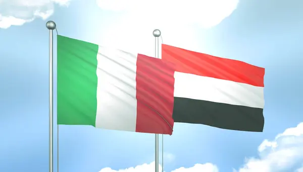 3D Flag of Italy and Yemen on Blue Sky with Sun Shine