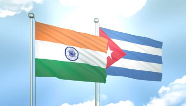 Hindistan ve Küba 'nın 3D Bayrağı Mavi Gökyüzünde Güneş Işığıyla
