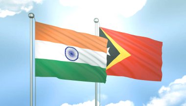 Hindistan ve Doğu Timor Leste 'nin 3D Bayrağı Mavi Gökyüzünde Güneş Işığıyla