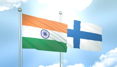 Hindistan ve Finlandiya 'nın 3D Bayrağı Mavi Gökte Güneş Işığıyla