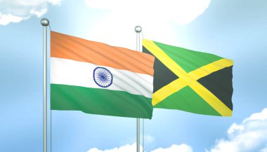 Hindistan ve Jamaika 'nın 3D Bayrağı Mavi Gökte Güneş Işığıyla