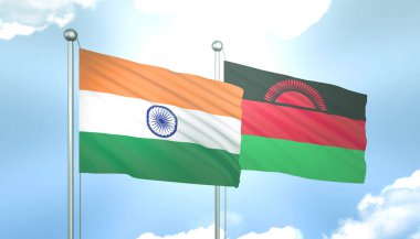 Hindistan 'ın 3D Bayrağı ve Mavi Gökte Güneş Işığıyla Malawi