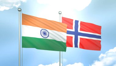 Hindistan ve Norveç 'in 3D Bayrağı Mavi Gökyüzünde Güneş Işığıyla