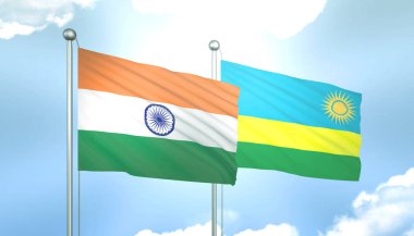 Hindistan 'ın 3D Bayrağı ve Ruanda Mavi Gökyüzünde Güneş Işığıyla