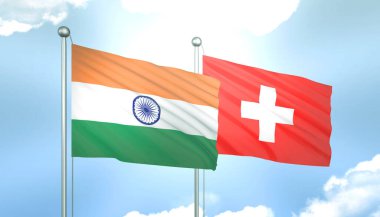 Hindistan ve İsviçre 'nin 3D Bayrağı Mavi Gökte Güneş Işığıyla
