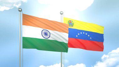 Hindistan 'ın 3D Bayrağı ve Venezuela Mavi Gökyüzünde Güneş Işığıyla