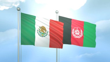Meksika ve Afganistan 'ın 3D Bayrağı Mavi Gök' te Güneş Işığıyla