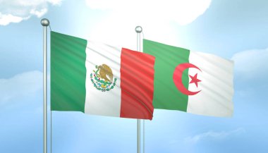 Meksika ve Cezayir 'in 3D bayrağı. Mavi Gök 'te Güneş Işığında