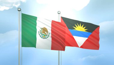 3D Flag of Mexico and Antigua Barbuda on Blue Sky with Sun Shine clipart