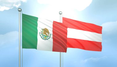 Meksika ve Avusturya 'nın 3D Bayrağı Mavi Gökte Güneş Işığıyla