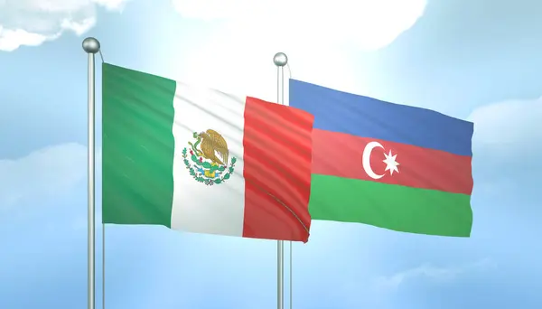 3D Flag of Mexico and Azerbaijan on Blue Sky with Sun Shine