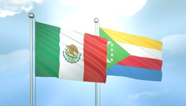 Meksika 'nın 3D Bayrağı ve Mavi Gökteki Komorolar Güneş Işığıyla