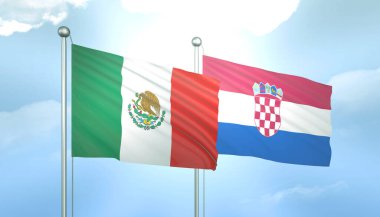 Meksika ve Hırvatistan 'ın 3D Bayrağı Mavi Gökte Güneş Işığıyla