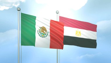 Meksika ve Mısır 'ın 3D Bayrağı Mavi Gökte Güneş Işığıyla