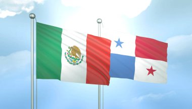Meksika ve Panama 'nın 3D Bayrağı Mavi Gökyüzünde Güneş Işığıyla