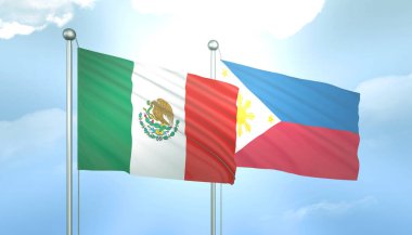 3D Meksika ve Filipinler Bayrağı Mavi Gök 'te Güneş Işığıyla