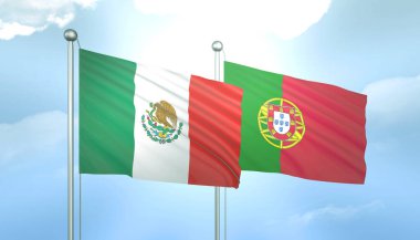 Meksika ve Portekiz 'in 3D Bayrağı Mavi Gökte Güneş Işığıyla