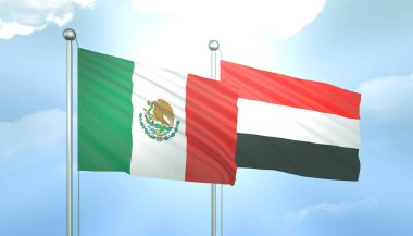 Meksika 'nın 3D Bayrağı ve Mavi Gökte Güneş Işığıyla Yemen