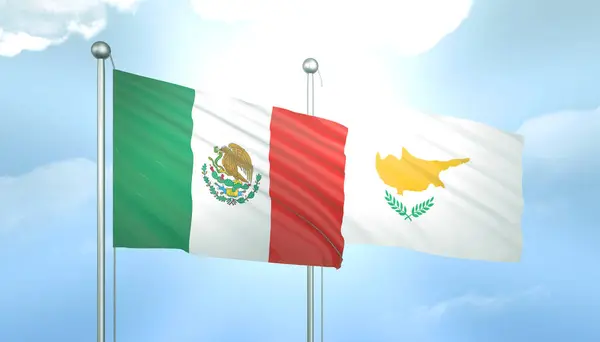 3D Flag of Mexico and Cyprus on Blue Sky with Sun Shine