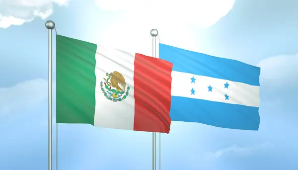 3D Flag of Mexico and Honduras on Blue Sky with Sun Shine