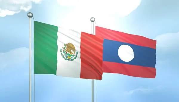 3D Flag of Mexico and Laos on Blue Sky with Sun Shine