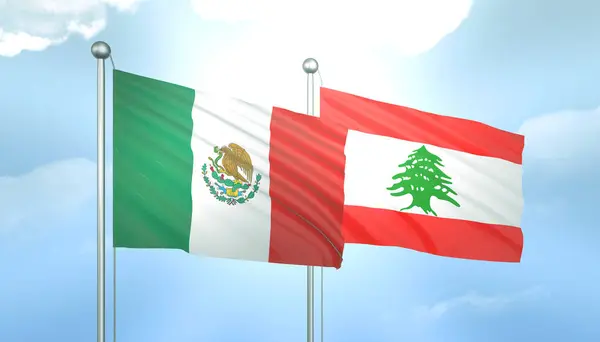 3D Flag of Mexico and Lebanon on Blue Sky with Sun Shine