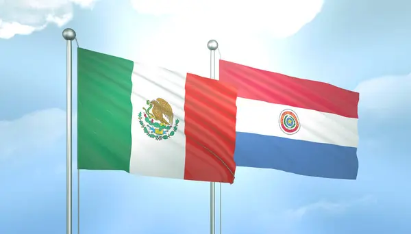 3D Flag of Mexico and Paraguay on Blue Sky with Sun Shine