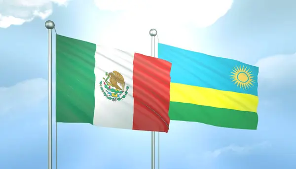 3D Flag of Mexico and Rwanda on Blue Sky with Sun Shine