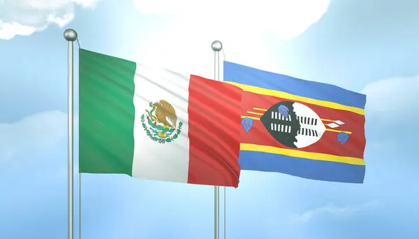 3D Flag of Mexico and Swaziland on Blue Sky with Sun Shine