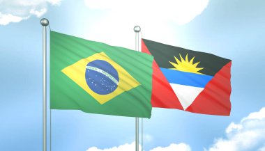 3D Flag of Brazil and Antigua Barbuda on Blue Sky with Sun Shine clipart