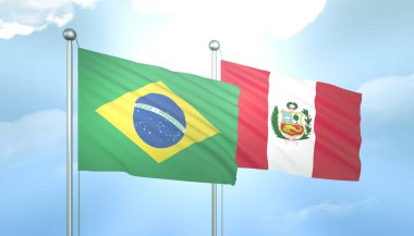 Brezilya 'nın 3D Bayrağı ve Peru Mavi Gökyüzünde Güneş Işığıyla