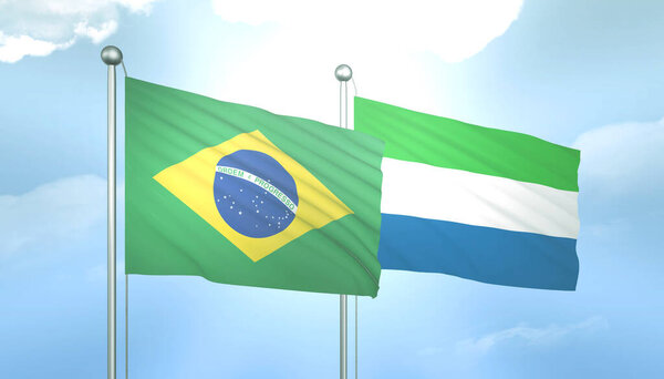 3D Flag of Brazil and Sierra Loeone on Blue Sky with Sun Shine
