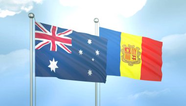 Avustralya 'nın 3D Bayrağı ve Andorra Mavi Gökyüzünde Güneş Işığıyla