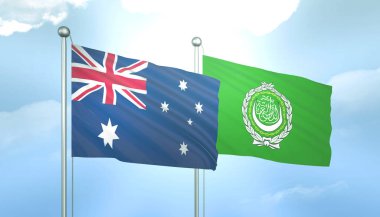 Avustralya 'nın 3D Bayrağı ve Mavi Gökyüzünde Güneş Işığı Altında Arap Ligi