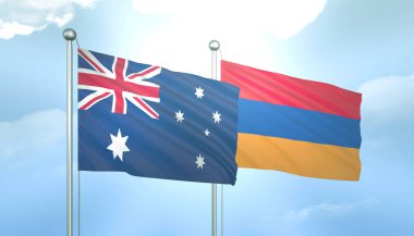 Avustralya ve Ermenistan 'ın 3D Bayrağı Mavi Gökyüzünde Güneş Işığıyla
