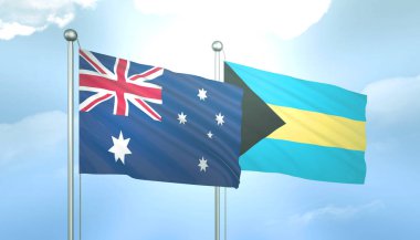 Avustralya ve Bahamalar 'ın 3D Bayrağı Mavi Gökte Güneş Işığıyla