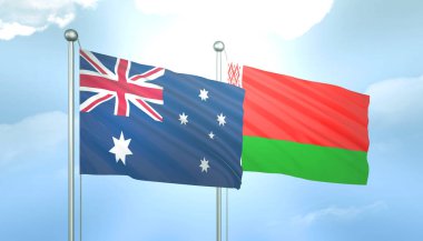 Avustralya ve Beyaz Rusya 'nın 3D Bayrağı Mavi Gökyüzünde Güneş Işığıyla